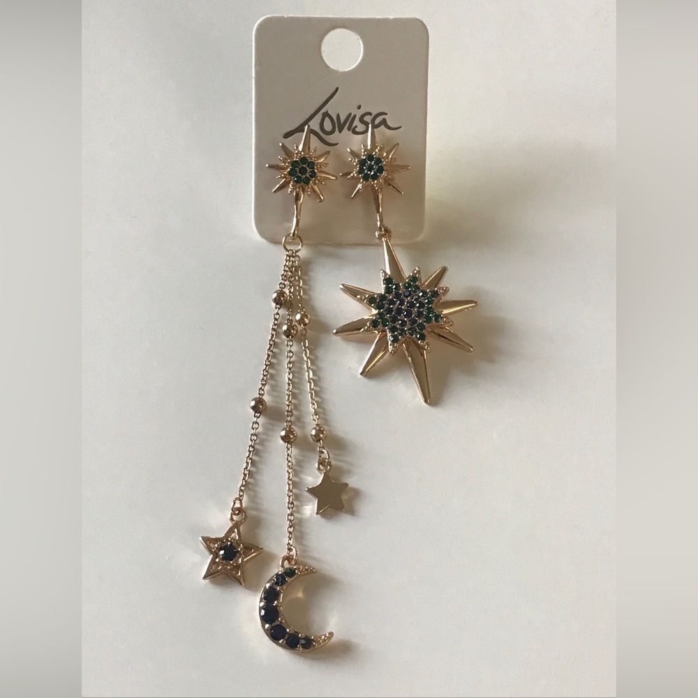 LOVISA GOLD/SAPPHIRE STAR & MOON MISMATCH CELESTIAL EARRINGS - Picture 7 of 11